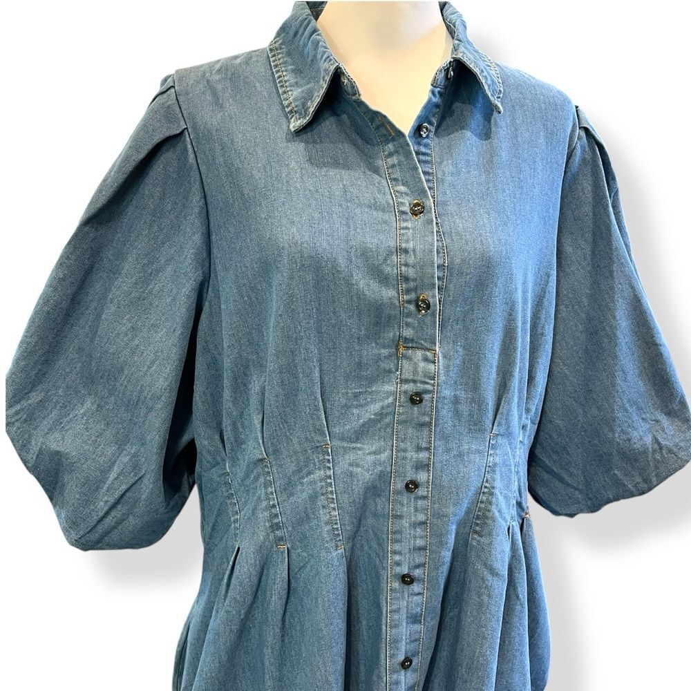 City Chic Ella Denim Shirt Dress Puff Sleeve Button Front Chambray Mini 20 NWT - Picture 6 of 15